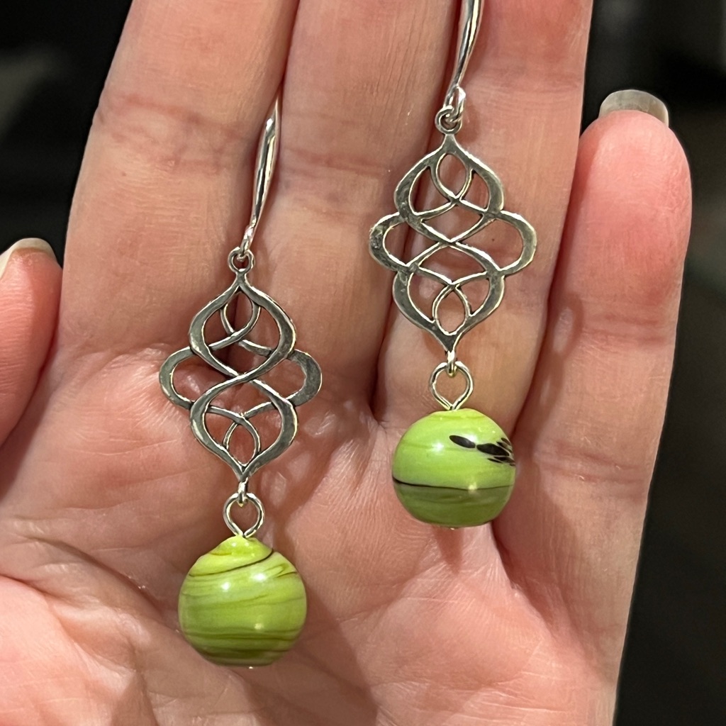 Cute Green Lamp Work Glass Silver Swirl Earrings With Silver French Wire Hooks